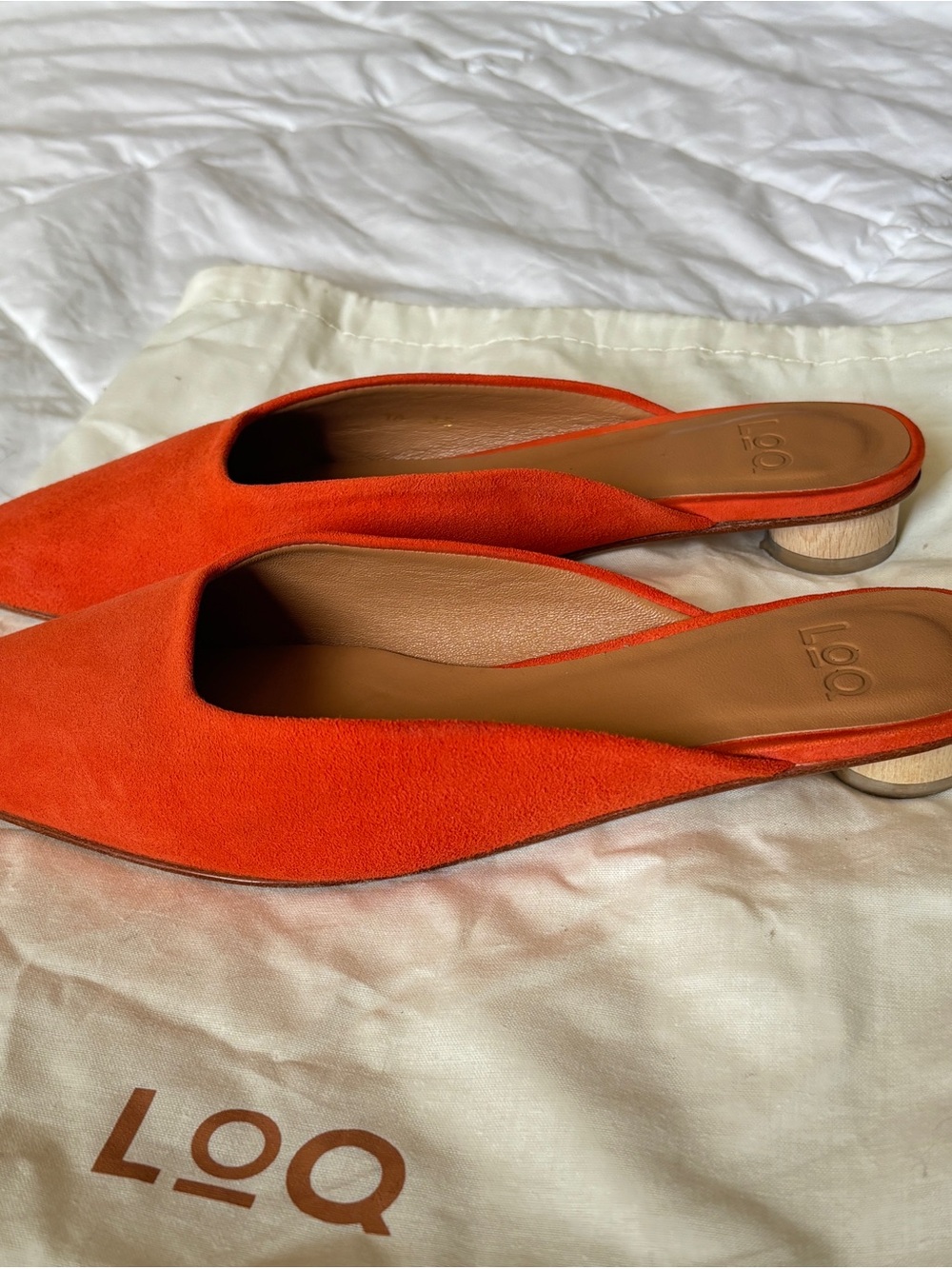 LoQ Carmen Mules in Orange Suede Pointed-Toe w/ Cylinder Heel - EU 35/US 5